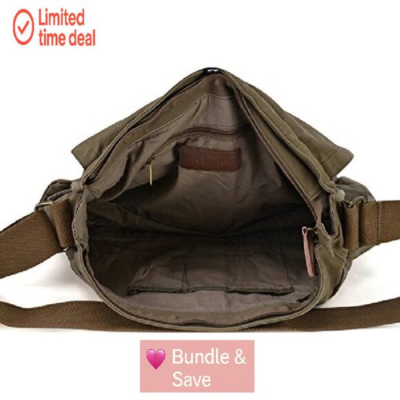 Large Canvas Messenger Bag Crossbody Satchel Laptop Work Travel - Picture 7 of 8